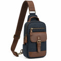 Umhängetasche 18 x 8 x 32 cm aus Textil und Kunstleder Blau Braun mit mehreren Fächern