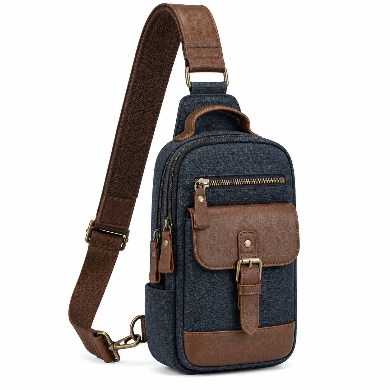 Umhängetasche 18 x 8 x 32 cm aus Textil und Kunstleder Blau Braun mit mehreren Fächern