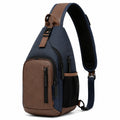 Umhängetasche 18 x 8 x 32 cm aus Textil und Kunstleder Blau Braun mit Mehrfachfächern