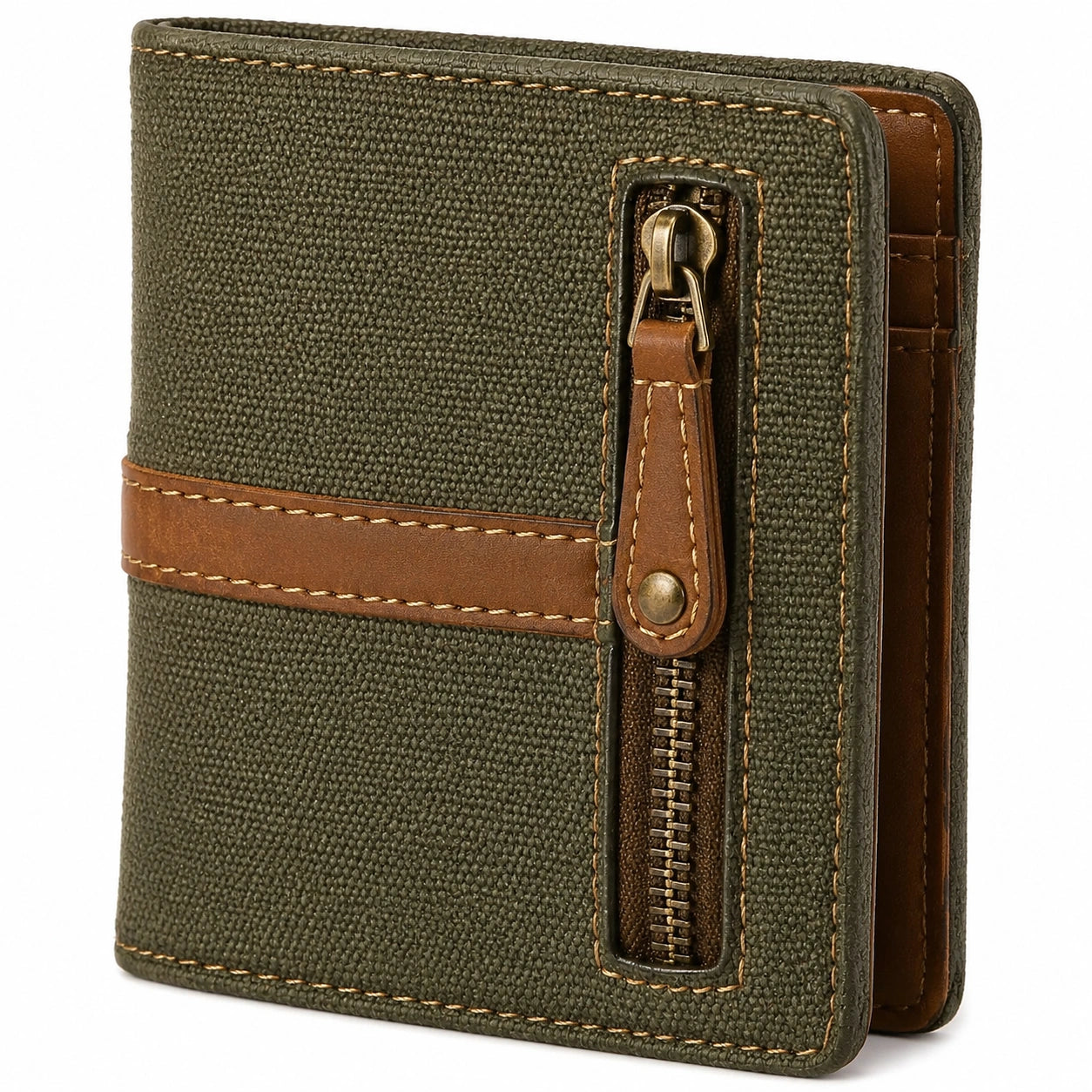 Geldbörse 12 x 2.5 x 10 cm aus Textilgewebe olivgrün braun mit Reißverschluss im Vintage-Stil
