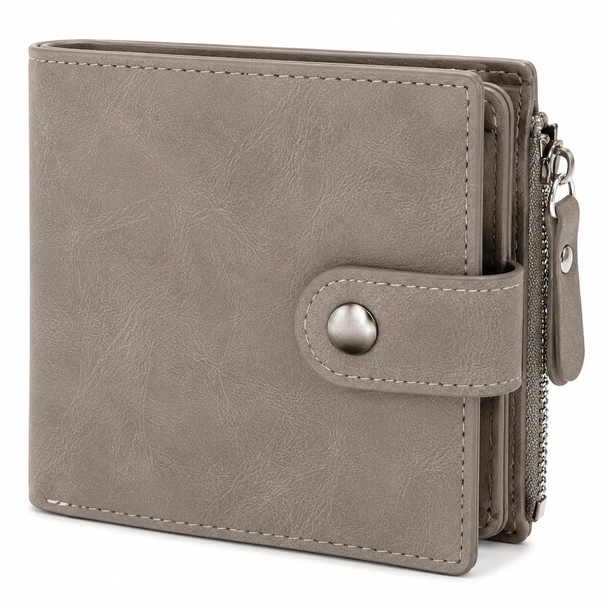 Geldbörse 12 x 3 x 10 cm aus Kunstleder Taupe mit Druckknopf und Reißverschluss