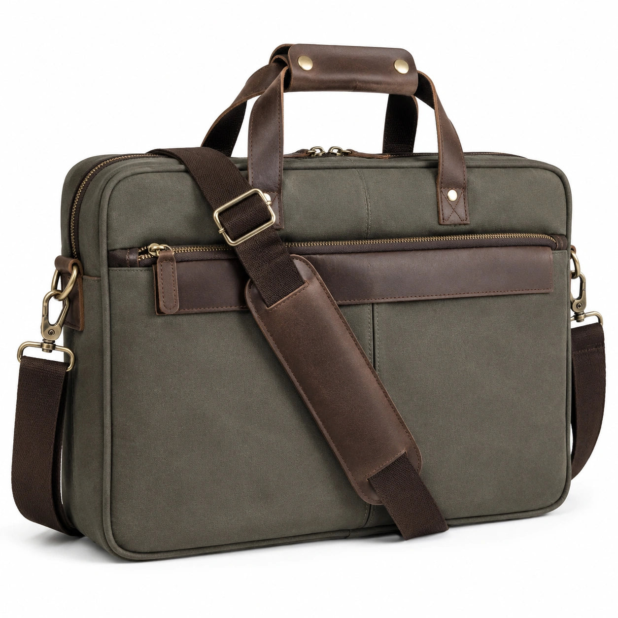 Laptoptasche 42 cm aus Textil in Olivgrün mit braunen Besätzen - Schultertasche für Arbeit