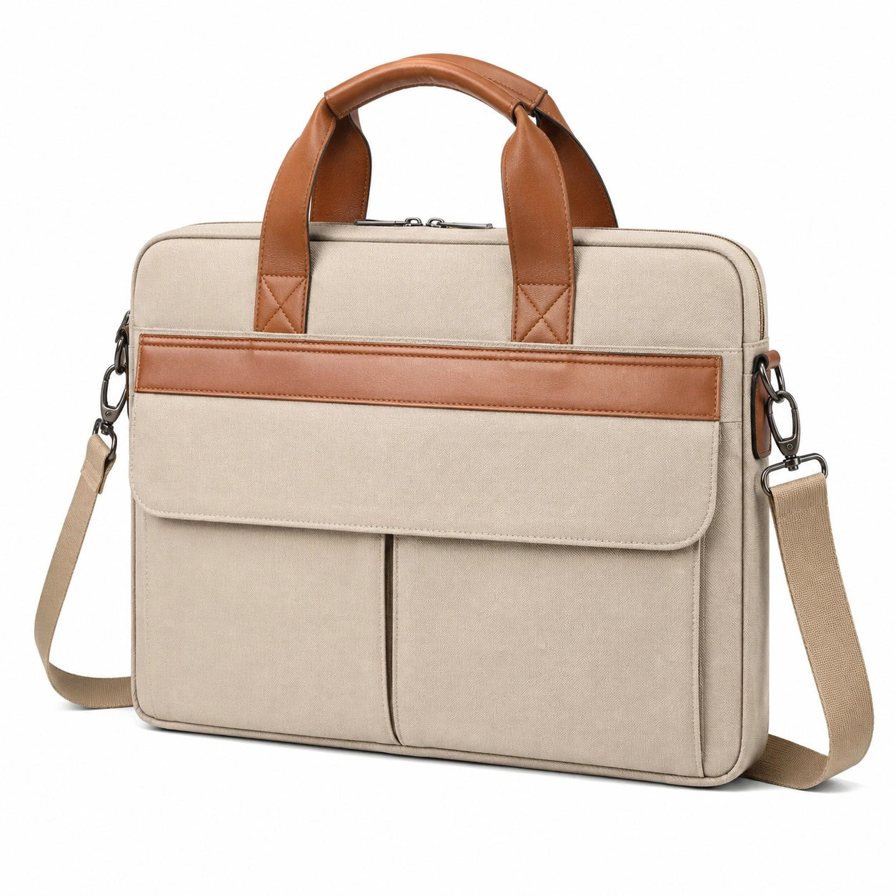 Laptoptasche 40 cm Textil Beige Braun mit Kunstlederdetails und Schultergurt