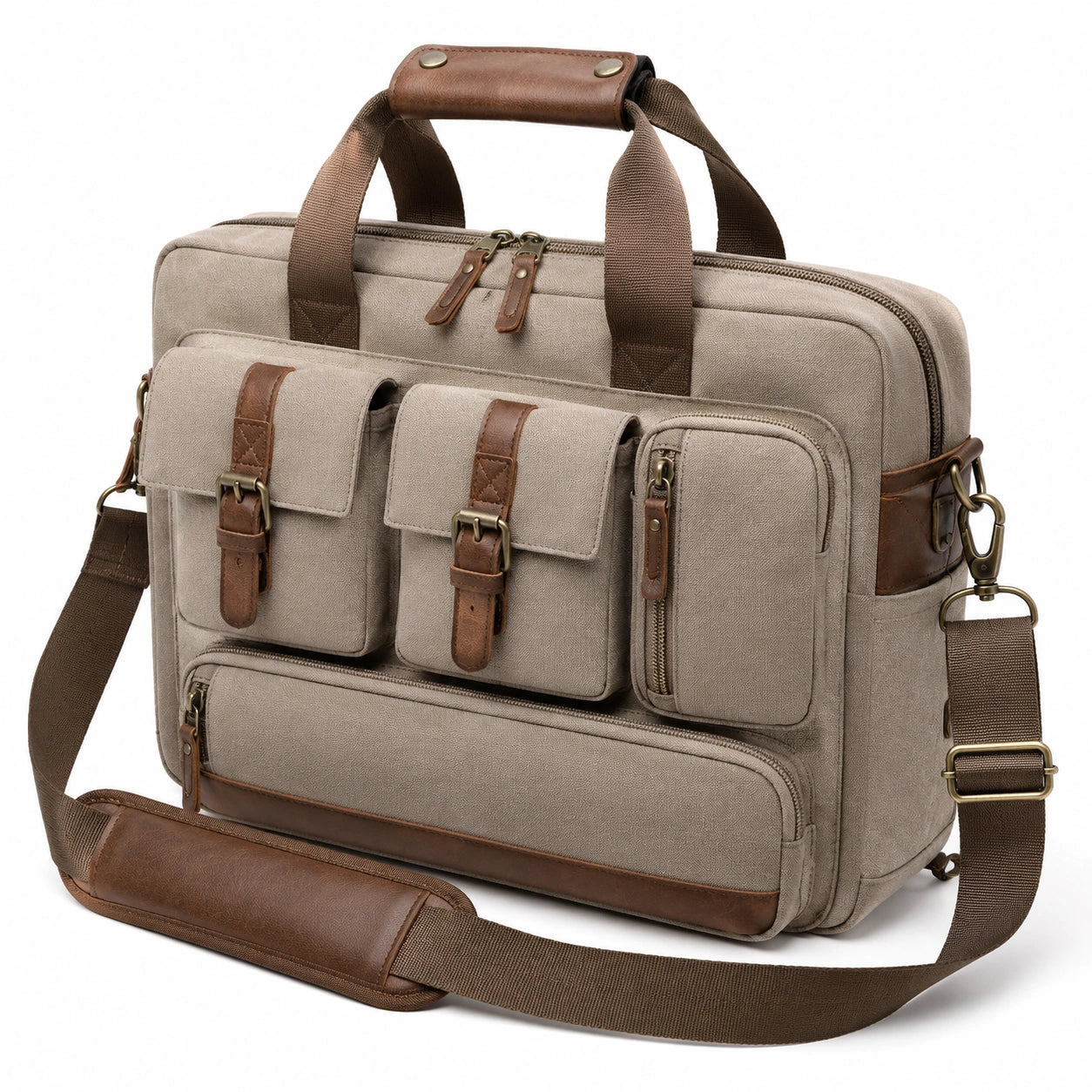 Aktentasche 42 x 12 x 32 cm aus Textil in Beige Braun mit Schultergurt und Mehrfachfächern