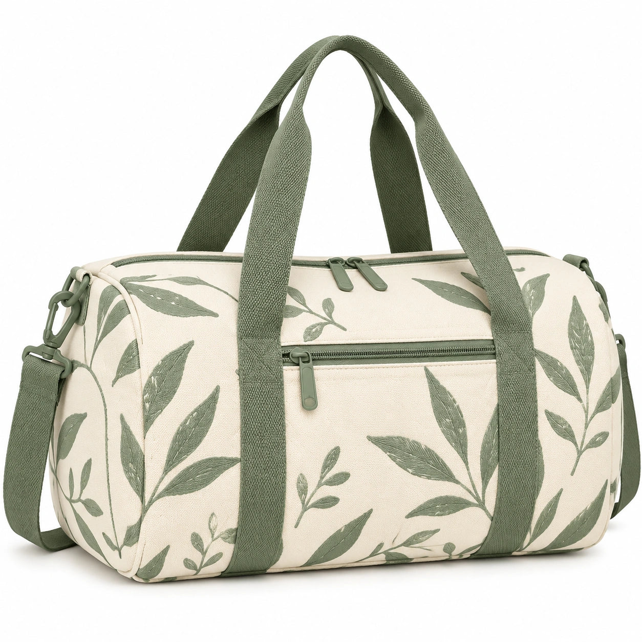 Reisetasche 45 x 22 x 28 cm aus Textil in Cremegrün mit Blättermuster und Schultergurt