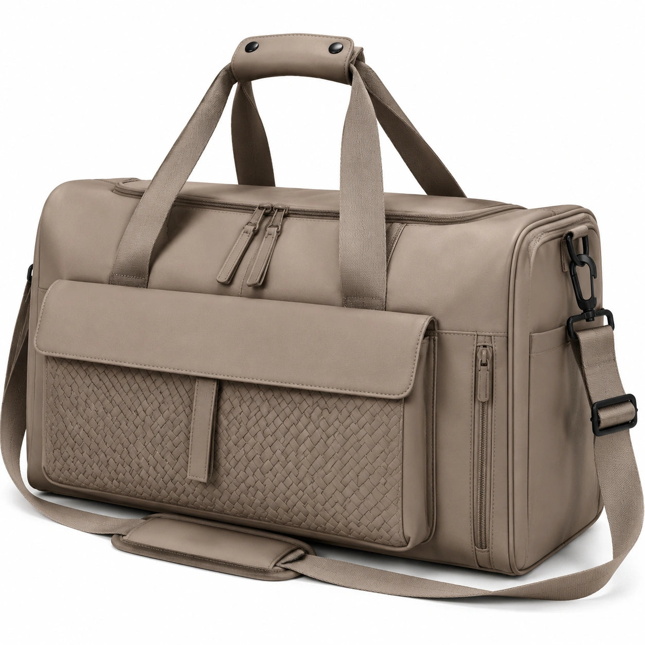 Reisetasche 45 x 25 x 30 cm Kunstleder Taupe mit Schultergurt und Flechtmuster