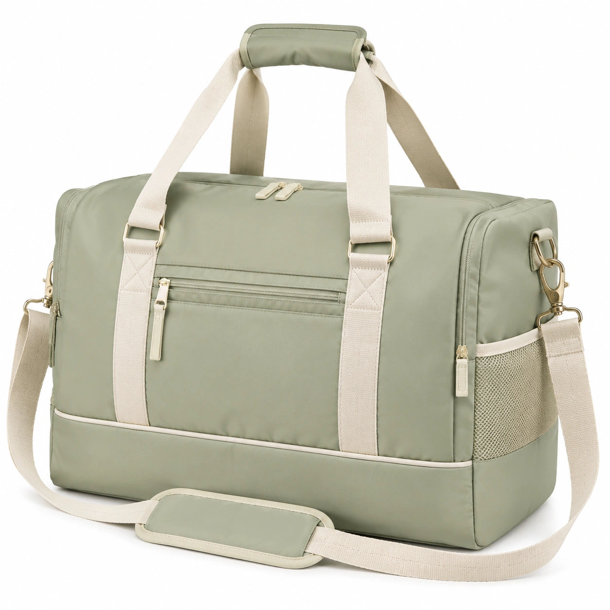 Reisetasche 48 × 24 × 30 cm aus Polyester Sagegrün Creme mit Schultergurt und mehreren Fächern