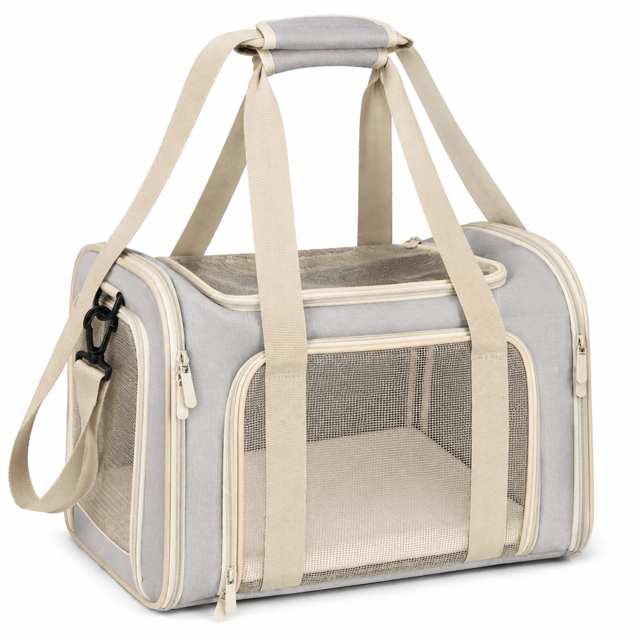 Haustier-Transporttasche 45 x 28 x 30 cm aus Textilgewebe in Grau/Beige mit Netzfenstern und Schultergurt
