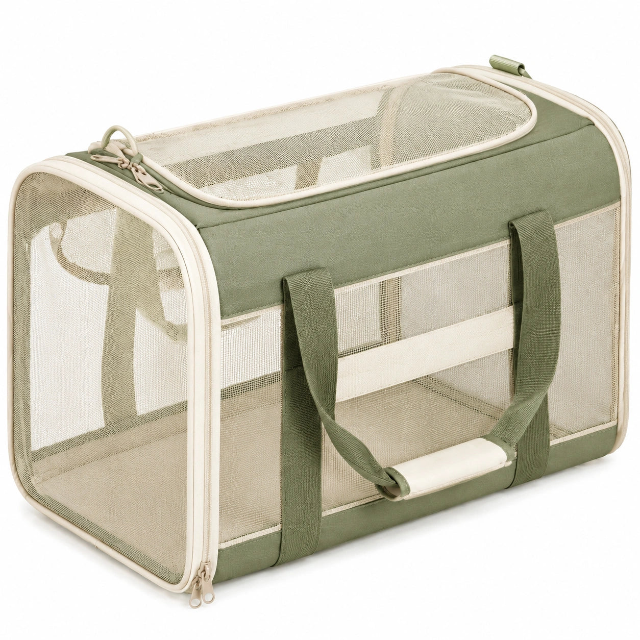 Haustier-Transporttasche 50 x 30 x 30 cm aus Textilgewebe Grün Beige mit Netzfenstern