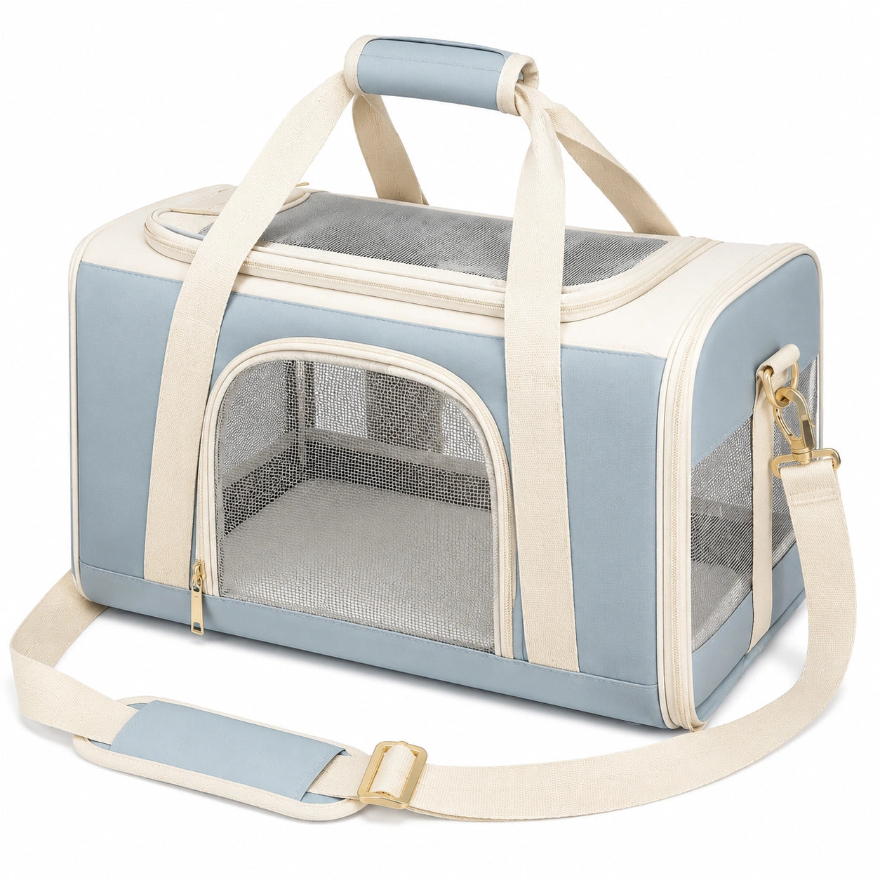 Haustier Transporttasche 45 x 30 x 30 cm aus Textil und Mesh Hellblau Creme mit Schultergurt