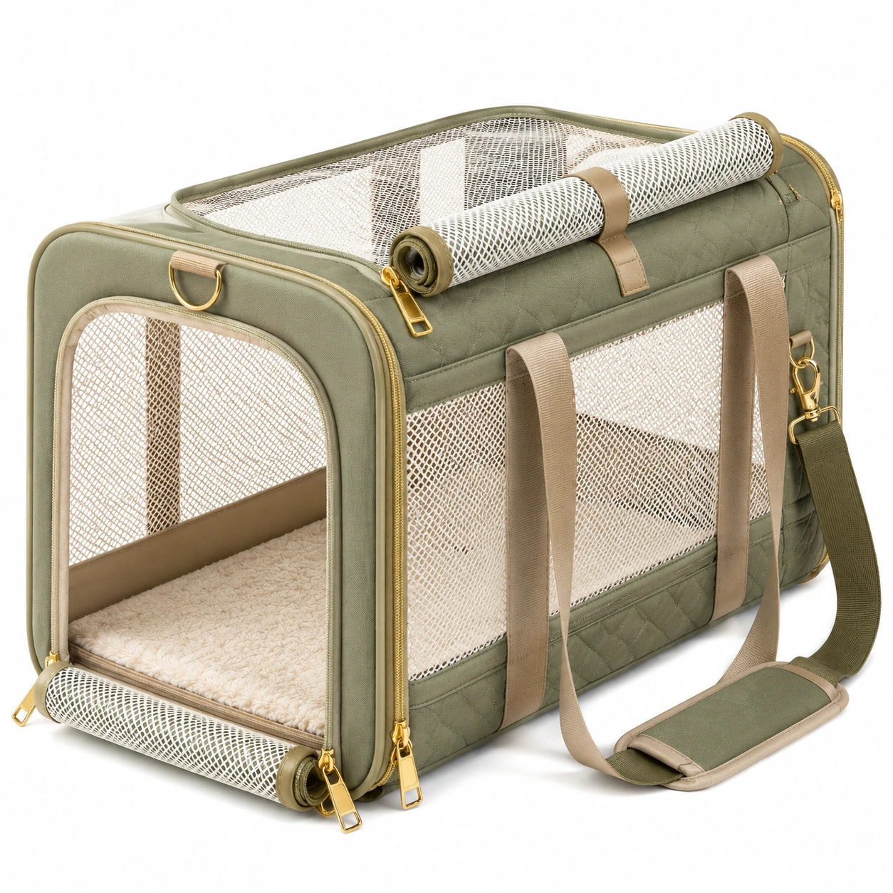 Haustier-Transporttasche 45×28×30 cm aus Polyester in Olivgrün für kleine Haustiere mit Netzfenstern