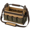 Werkzeugtasche 40 x 20 x 30 cm aus Textilgewebe in Braun Grün mit offenen Fächern und Schultergurt