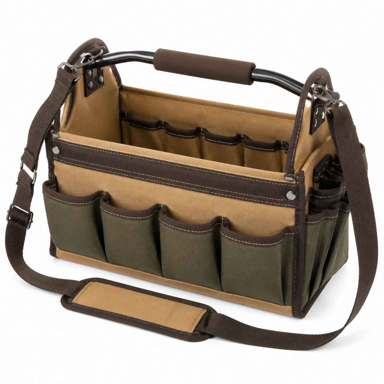 Werkzeugtasche 40 x 20 x 30 cm aus Textilgewebe in Braun Grün mit offenen Fächern und Schultergurt