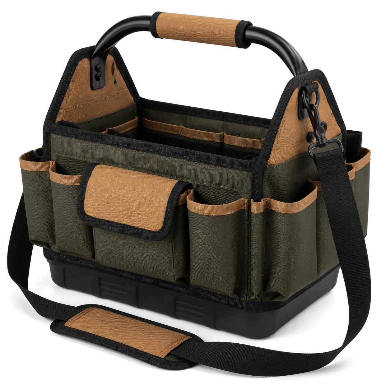 Werkzeugtasche 40 x 25 x 30 cm Olivgrün Braun mit Tragegriff Schultergurt und Außenfächern