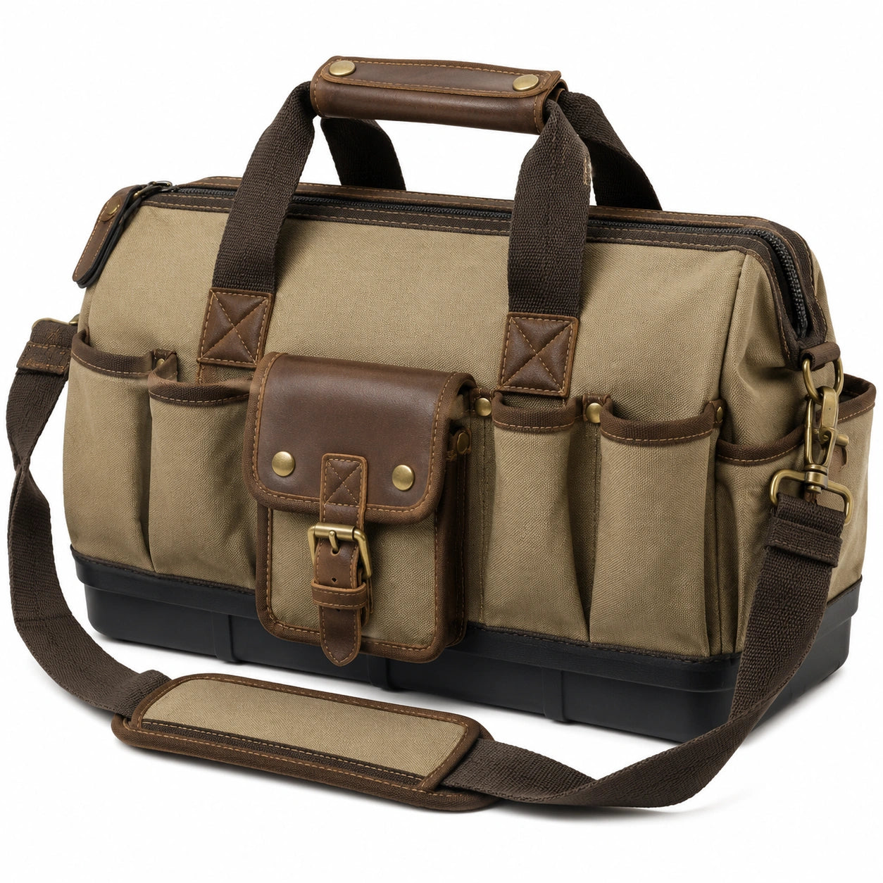 Werkzeugtasche 40 x 20 x 28 cm aus Canvas in Khaki und Braun mit Schultergurt
