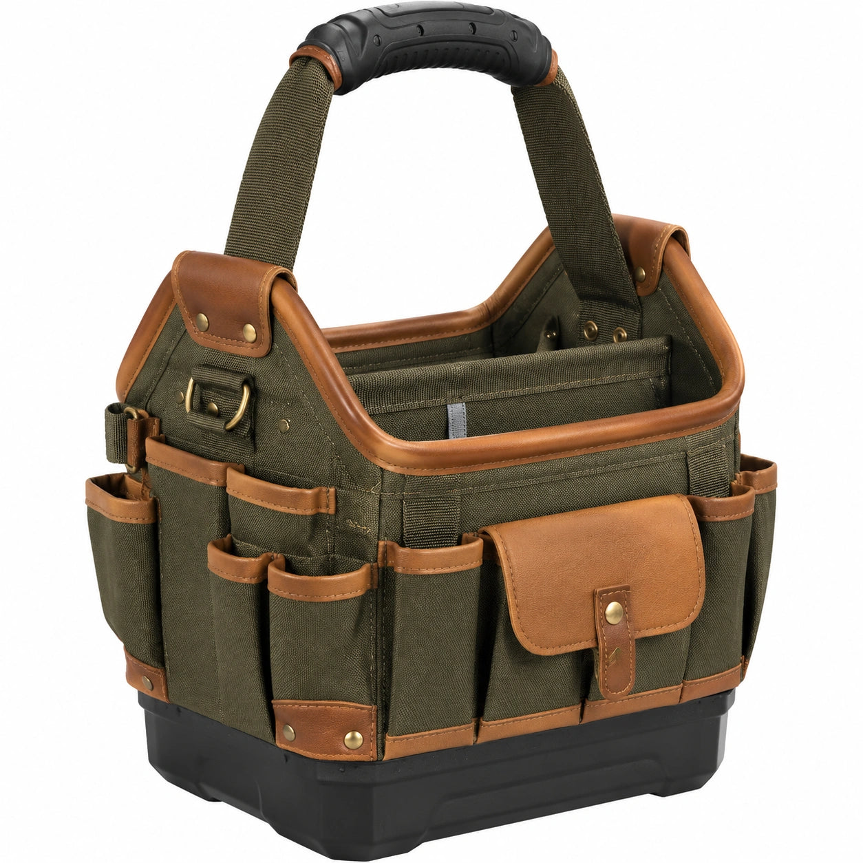 Werkzeugtasche 40 x 24 x 35 cm aus Textilgewebe olivbraun mit Kunststoffboden und Außentaschen
